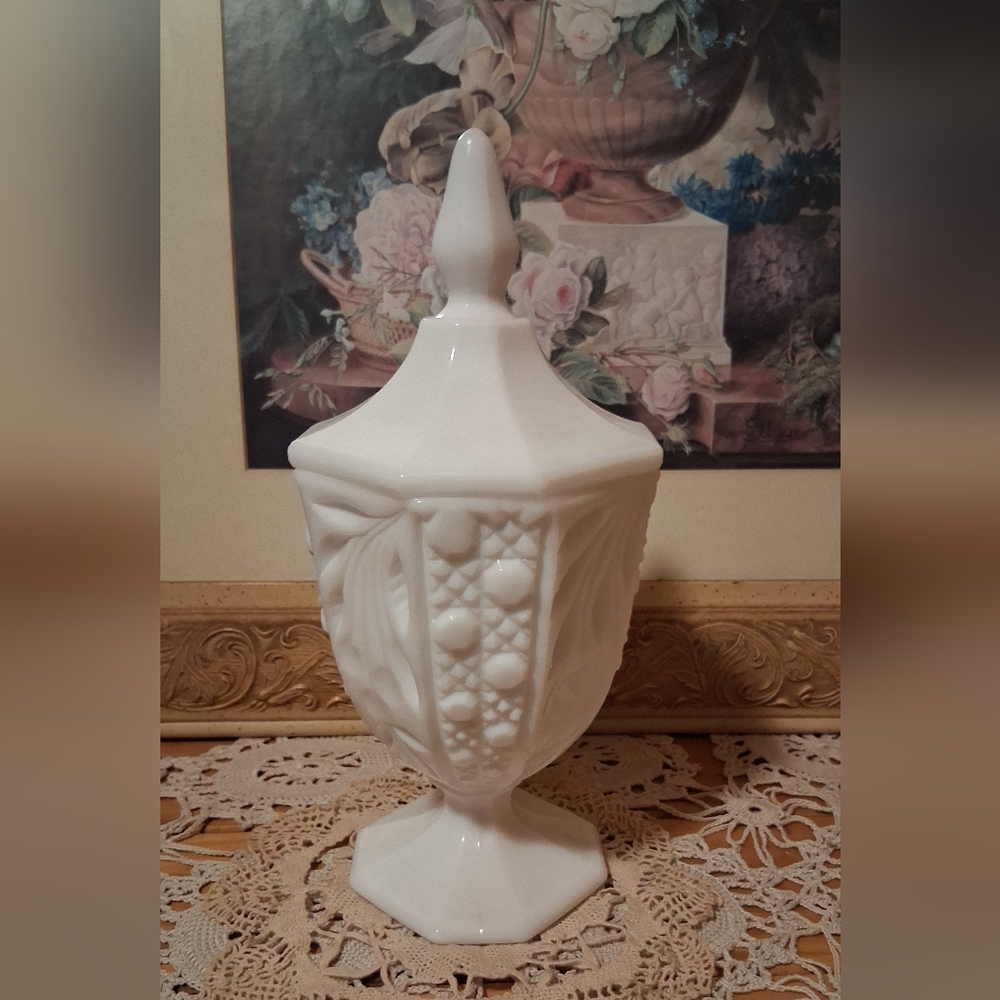 White Milk Glass Covered Candy Dish